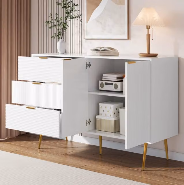 Credenza moderna in MDF laccato bianca e oro con 3 cassetti e 2 ante L: 120 cm, P: 40 cm, H: 80,5 cm