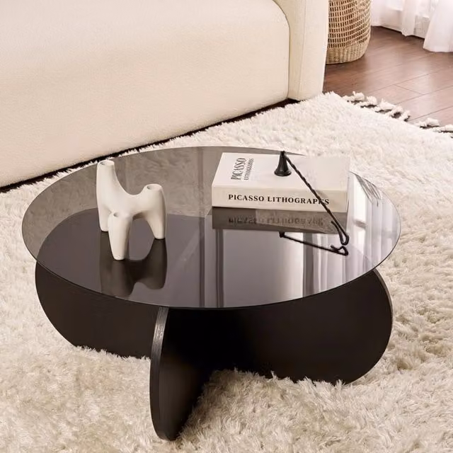 Tavolino da salotto rotondo DMORA con piano in vetro nero e trasparente, L/P/H: 75 x 75 x 35 cm – 1