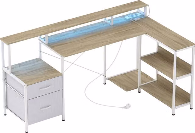 Scrivania Angolare per Computer HOMCOM con Luci LED RGB, Prese Integrate, Supporto per Schermo e 2 Cassetti, Bianco – 1