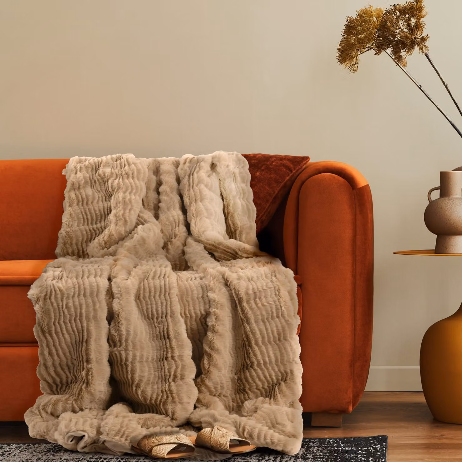 Coperta morbida Arnia beige con motivo geometrico L: 200 cm, P: 240 cm – 2