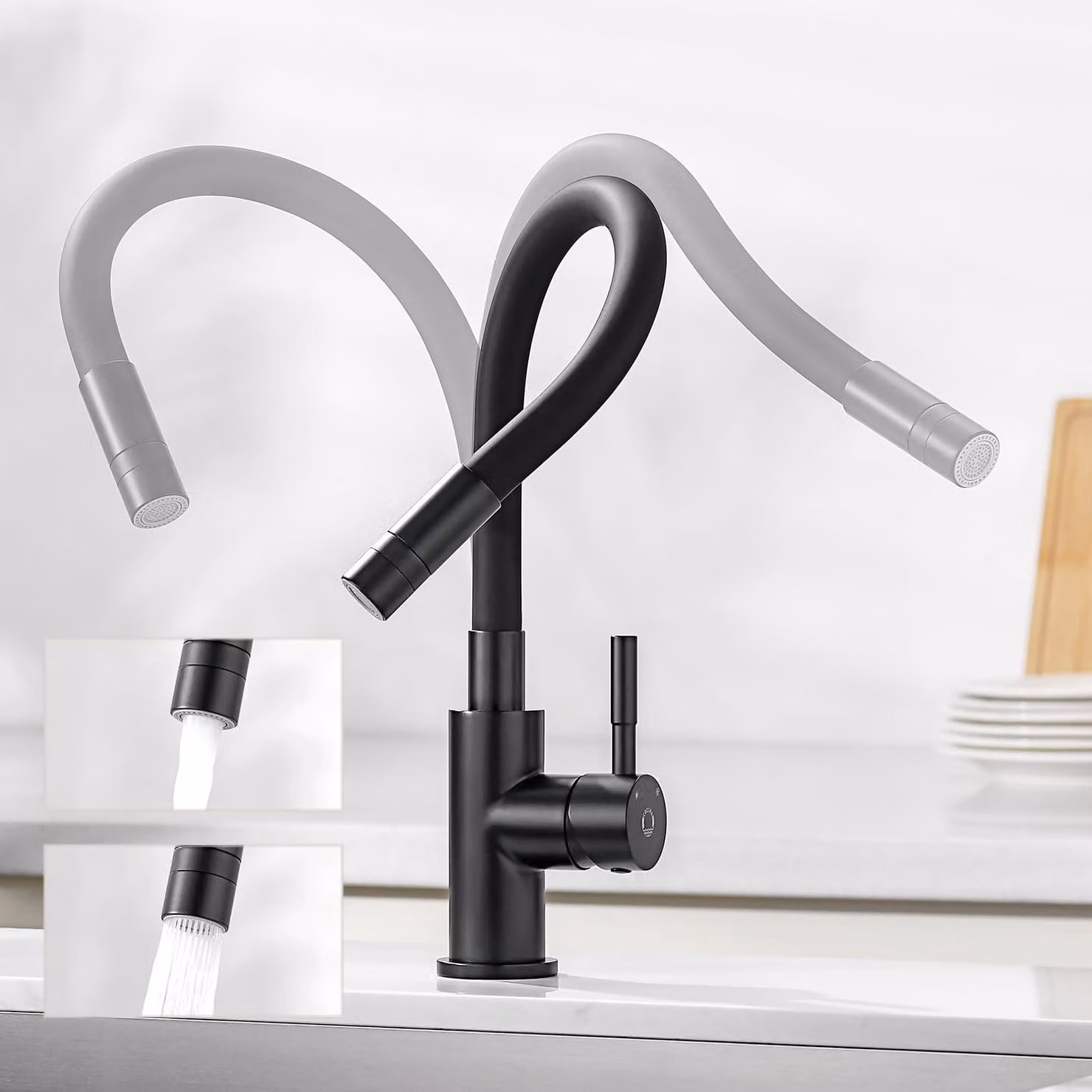 Rubinetto da cucina flessibile, nero, con 2 tipi di getto, pieghevole e girevole a 360°