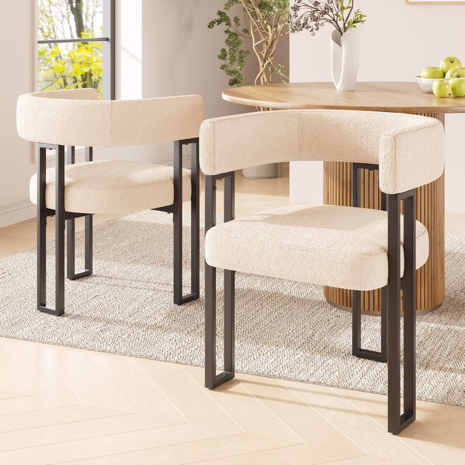 Set di 2 sedie da pranzo Flieks, sedie da pranzo in tessuto di agnello, sedia da cucina imbottita con schienale, beige