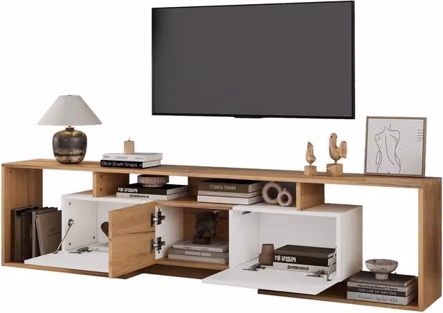 Mobile TV Minimal bianco e legno per soggiorno L: 180 cm, P: 30 cm, H: 49 cm – 1