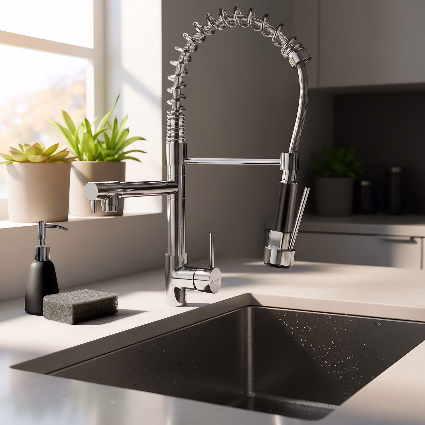 Rubinetteria da cucina TecTake con due rubinetti e doccetta estraibile in ottone, colore grigio e argento – 3