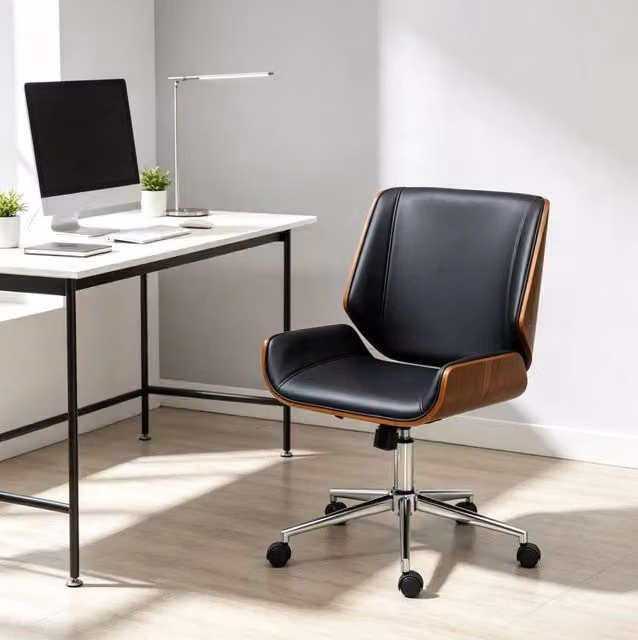 Sedia da ufficio ergonomica con altezza regolabile e rotazione a 360°, seduta imbottita, struttura in legno e base cromata, nero e marrone scuro
