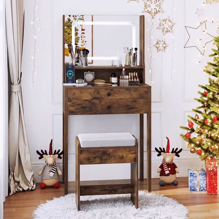Costway Piccolo tavolo da trucco moderno con specchio Hollywood LED e sgabello imbottito, colore Marrone
