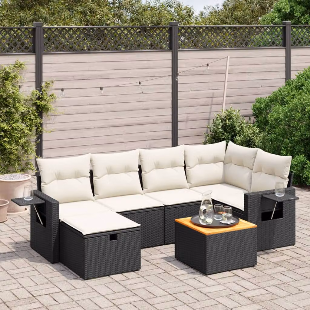 vidaXL Set Divano da Giardino a L con 7 Cuscini, Struttura in Metallo e Polyrattan, Nero e Bianco – 1