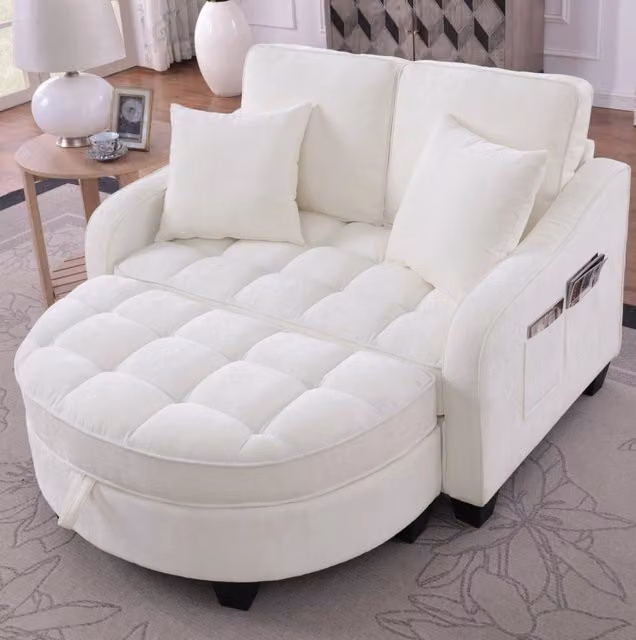 Divano letto multifunzione 2 in 1 con pouf contenitore 132x129x93 cm in legno di eucalipto beige