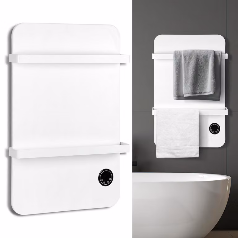 Pannello radiante a infrarossi Ikodm da 600W, con connessione Wi-Fi, 2 portasciugamani, timer, termostato e telecomando, colore bianco