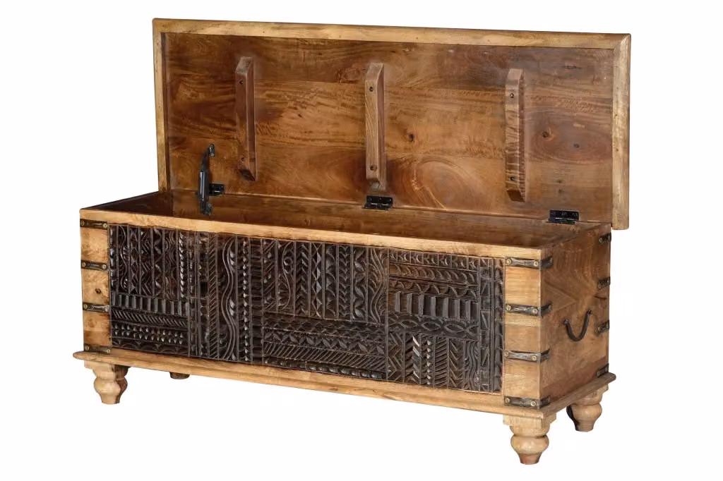 Cassapanca in legno di mango massello intagliato stile etnico colori marrone e beige – 2