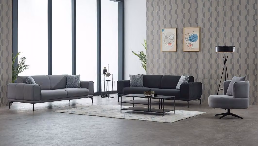 Komplette Couchgarnitur Polstersofa Dreisitzer Sessel Grau Stoffsofa