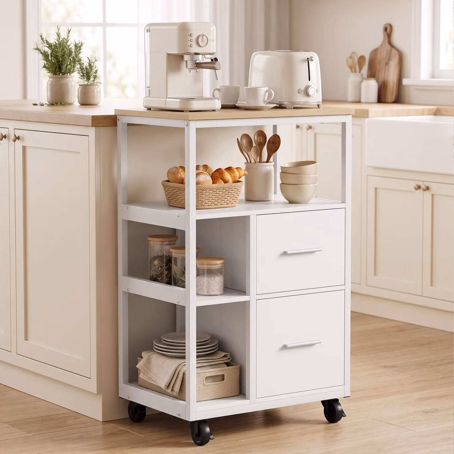 Carrello da cucina HOMCOM con ruote, 2 cassetti e scomparto aperto, bianco – 2