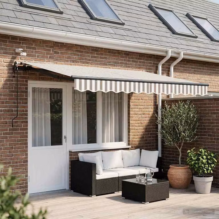 Tenda retrattile con bracci pieghevoli vidaXL in poliestere, Grigio chiaro e bianco, L: 450 cm x P: 350 cm, con telecomando