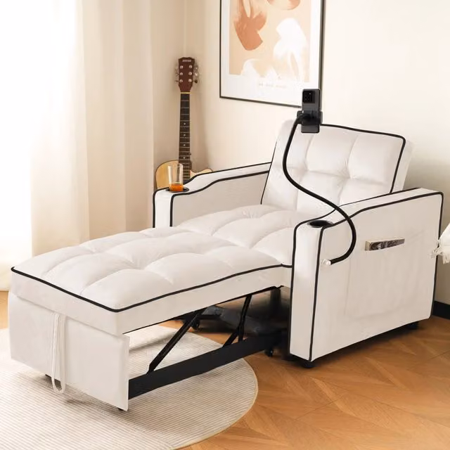 Poltrona letto 83x167x76 cm beige in velluto - schienale regolabile