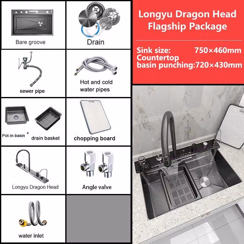 Lavello in acciaio inossidabile con scarico a cascata e rubinetto digitale, modello grande, lavabo multifunzionale