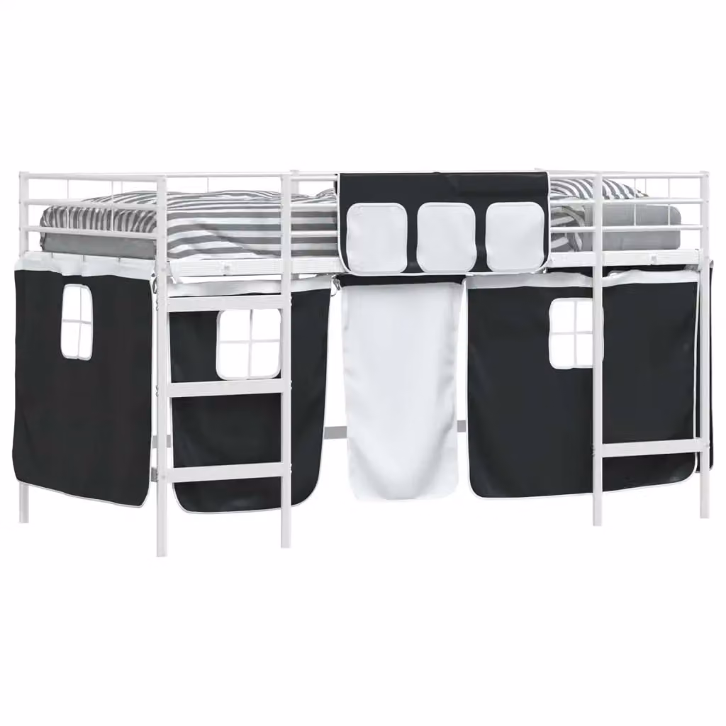 Letto a castello singolo per bambini vidaXL in metallo con struttura a casetta e tende, Bianco e Nero, L: 112 cm, P: 116 cm, H: 205 cm – 2