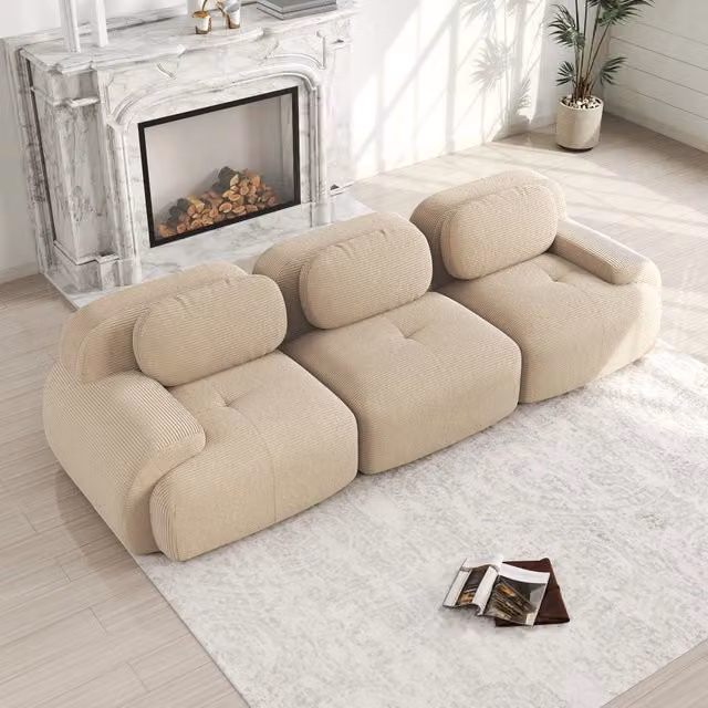 Divano angolare modulare senza montaggio con braccioli ergonomici e base antiscivolo in tessuto corduroy beige
