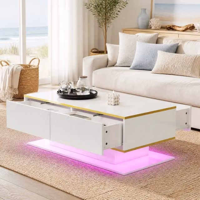Tavolino da caffè moderno MODFU in MDF bianco e oro con finitura lucida L/P/H: 100 x 50 x 40 cm