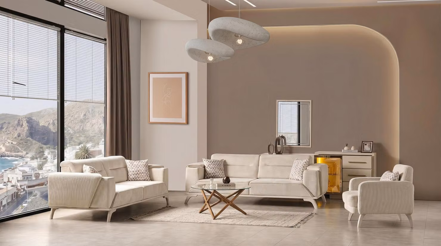 Couchgarnitur Moderner Stil Designermodell Beige Wohnzimmer