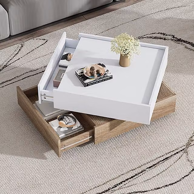 Tavolino da salotto girevole a 360°, con 2 cassetti e piano regolabile, in truciolare bianco e noce, 60 x 60 x 38 cm