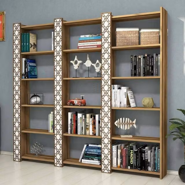 Libreria Vele DMORA per ufficio e soggiorno, mobile portalibri moderno con design geometrico, L: 185 cm, P: 24,2 cm, H: 170 cm, Noce e Bianco – 1