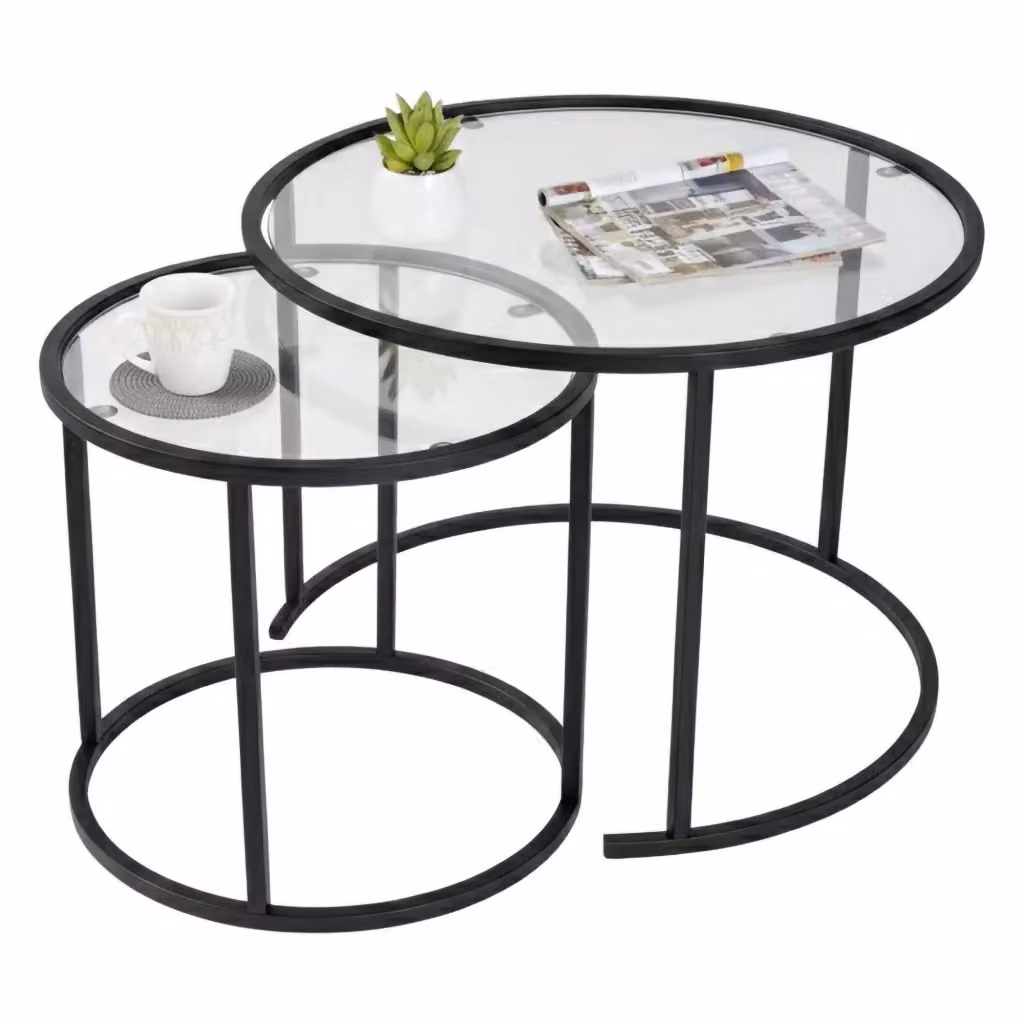 Set di 2 Tavolini da Salotto Xaden DMORA, Design Moderno con Piano in Vetro Trasparente e Struttura Nera, L/P/H: 60 x 60 x 43 cm – 2