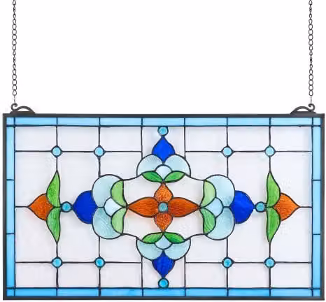 Pannello per finestra in vetro colorato VEVOR con decorazione floreale e geometrica multicolore, forma rettangolare, L: 66,4 cm x H: 40,2 cm