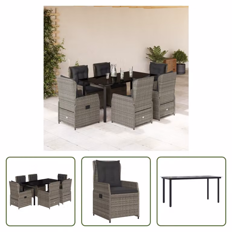 The Living Store Set da pranzo da giardino 7 pezzi con cuscini in poly rattan grigio