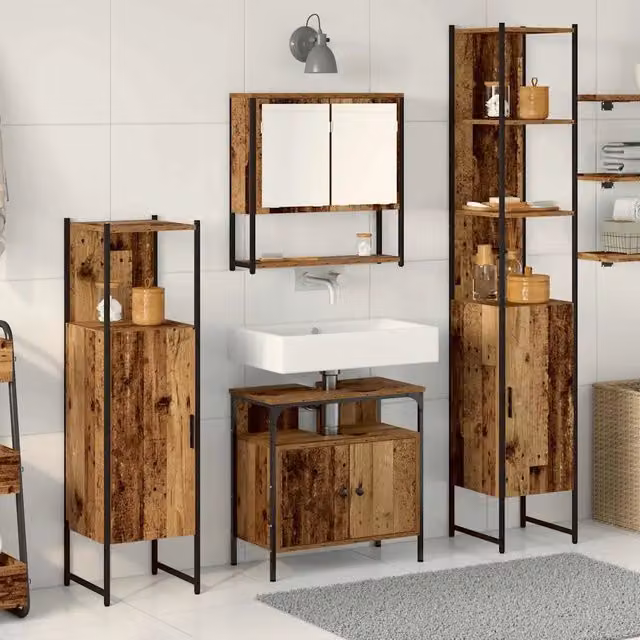 Set di mobili da bagno moderno vidaXL in legno e metallo marrone con armadietto specchio e mobile lavabo a parete