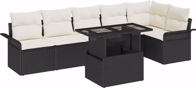 Set Divano da Giardino con cuscino 7 pcs Nero Poly Rattan