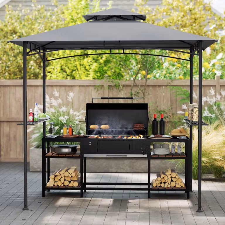 Gazebo per barbecue e pergolato Costway con doppio tetto in metallo, tenda da esterno grigia L: 242 cm, P: 150 cm