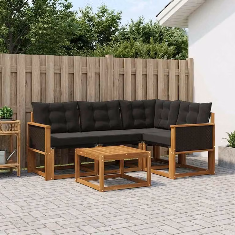 Set di divani da esterno vidaXL 5 pezzi in legno di acacia con cuscini, colore marrone e nero
