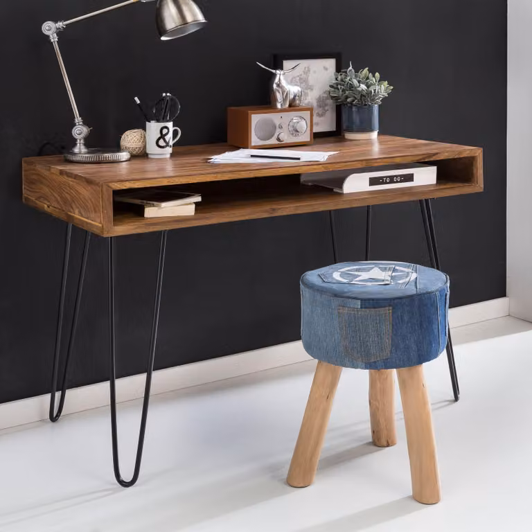 Scrivania solida HARLEM Legno massiccio Sheesham 110 x 60 x 76 cm con ripiano Scrivania per computer in legno massiccio con gambe in metallo Tavolo per PC in legno di design