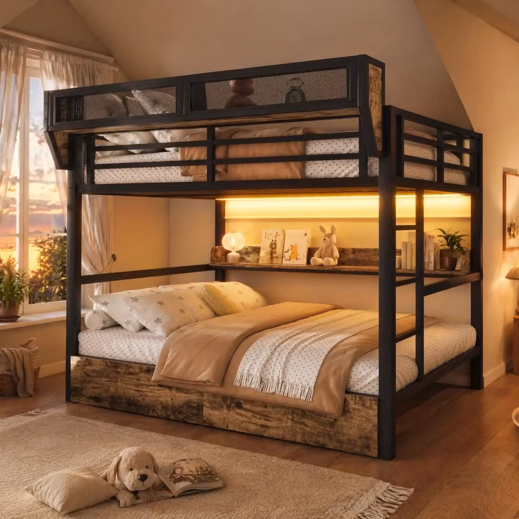 Letto a castello REDOM in metallo e MDF nero con illuminazione LED e 2 cassetti L/P: 140 x 200 cm – 2