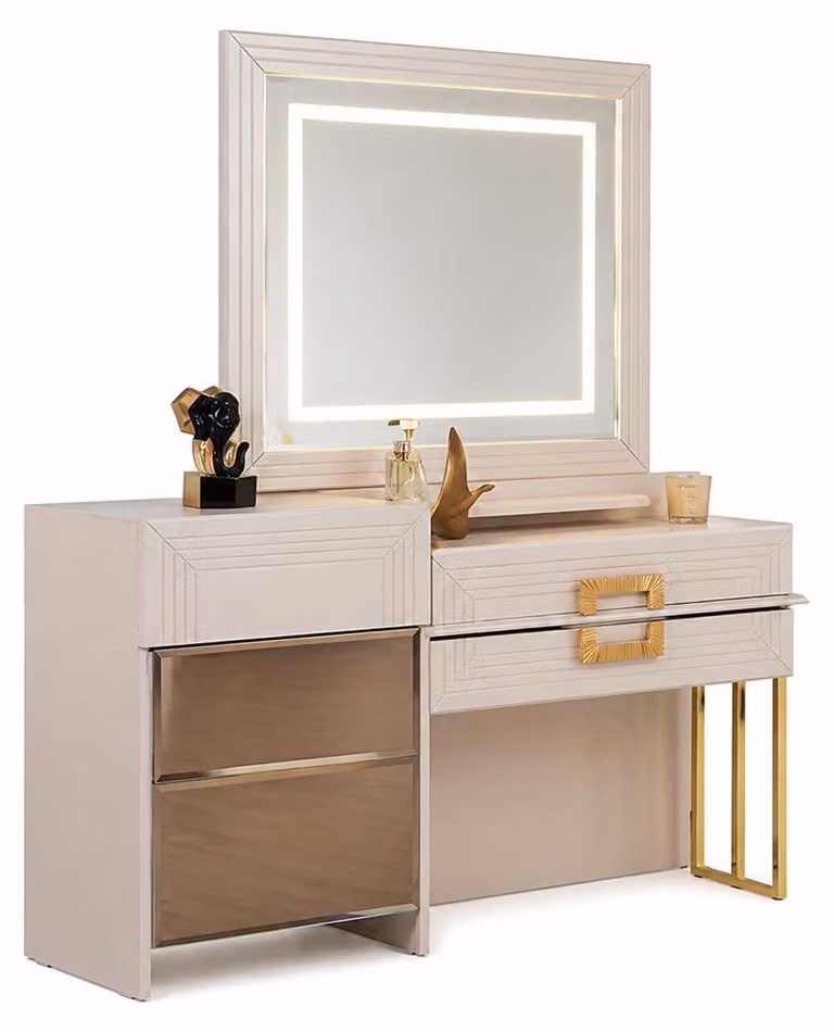 Toeletta con specchio e dettagli dorati – Modern Beige: mobili di classe