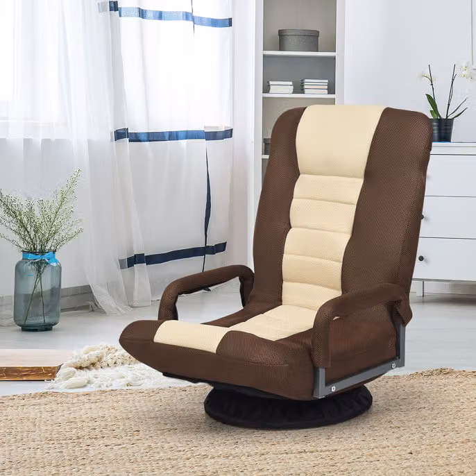 Sedia reclinabile COSTWAY ruotabile a 360°, sedia da pavimento con schienale regolabile in 6 posizioni, sedia reclinabile fino a 140 kg di portata, sedia da pavimento poltrona imbottita, marrone+beige