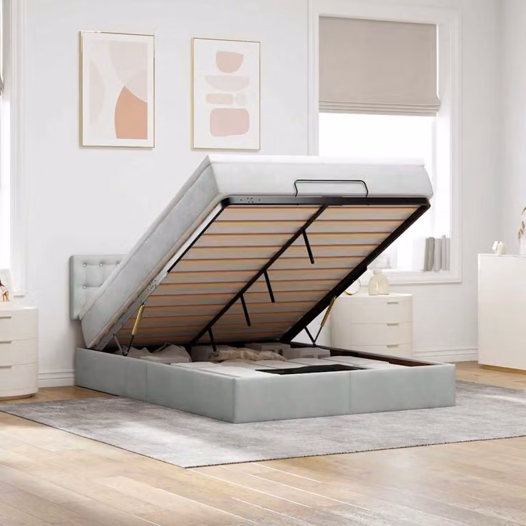 vidaXL Struttura Letto con Materasso in Velluto con Base a Sollevamento, Illuminazione Sotto il Letto e Porte USB, L/P/H: 203 x 144 x 88 cm, Grigio o Bianco