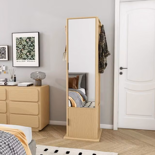 Armadio Specchio Girevole 4 in 1 ¨C Minimal ¨C Effetto Rovere, MDF, Multiuso, con Scaffali e Appendiabiti