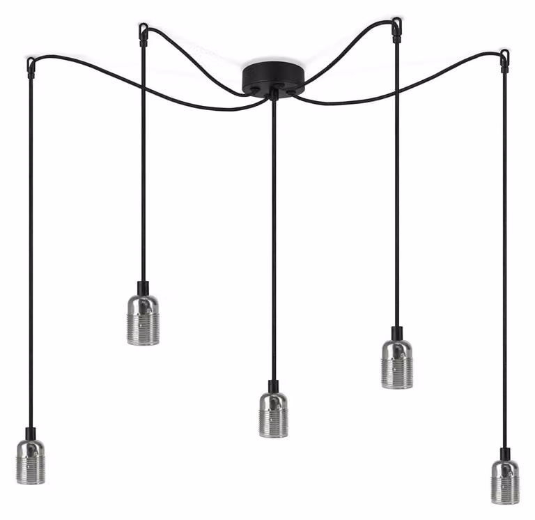 Lampada a sospensione, 5 attacchi E27, metallo, nichel, cavo di 1,5 metri, colore nero