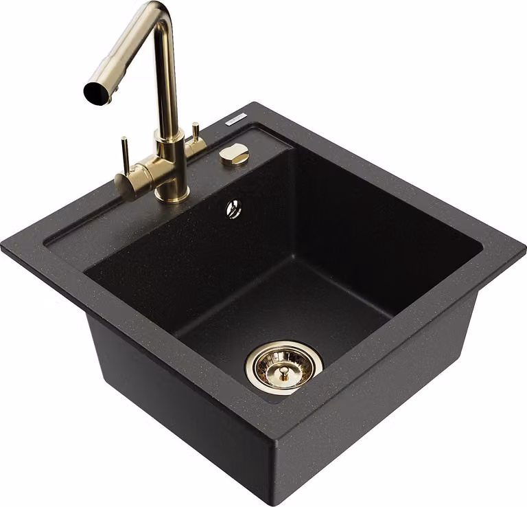 Mexen Vito lavello in granito a 1 vasca con rubinetto cucina Duero, nero/oro metallico - 6503-75-671600-50