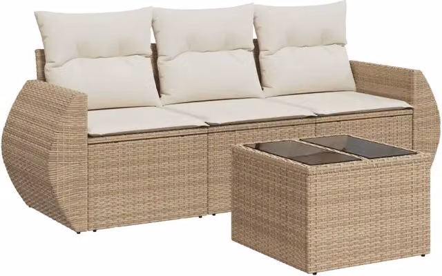Set Divano da Giardino 4 pz | Set Salotto da Giardino con Cuscini Beige in Polyrattan