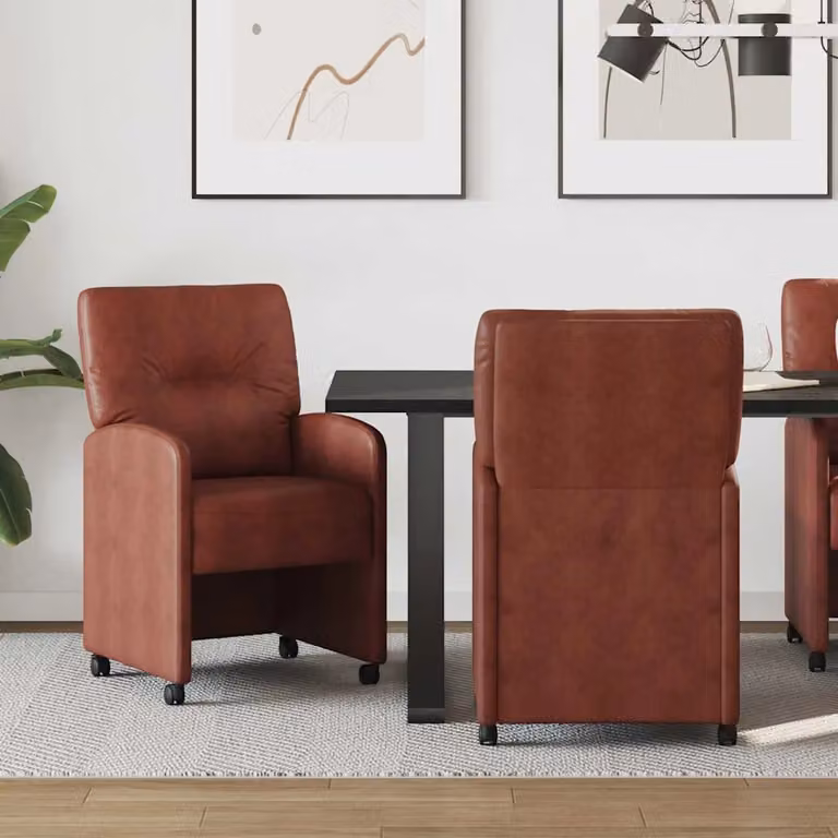 Set di 2 sedie da pranzo vidaXL con ruote e braccioli in pelle sintetica marrone lucido, L/P/H: 57 x 67 x 95 cm