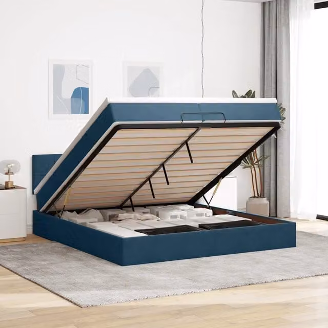 Letto con contenitore a sollevamento e materasso in velluto blu e bianco vidaXL L: 200 cm, P: 200 cm, H: 88 cm – 1