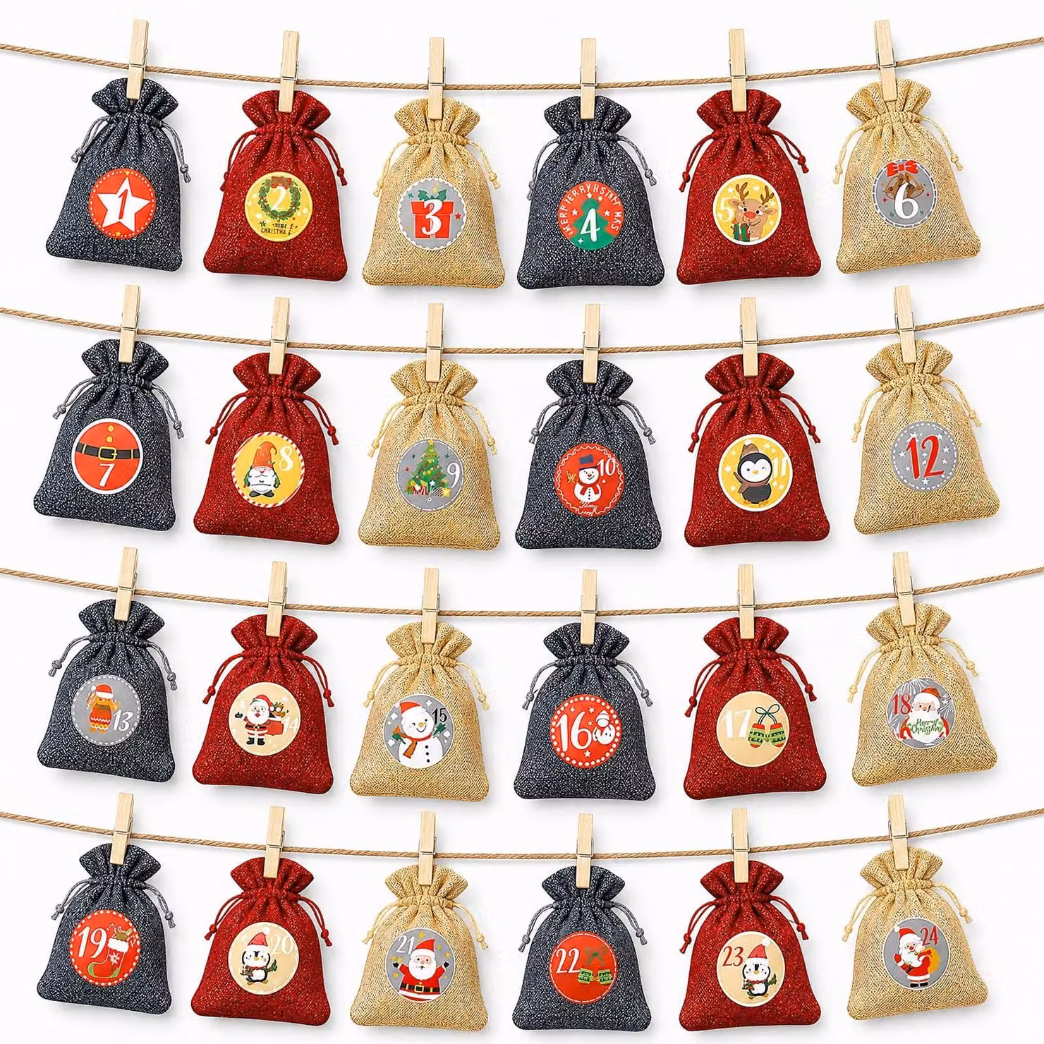 Calendario dell'Avvento da riempire, composto da 24 sacchetti di 13x18 cm, con graffette e corda