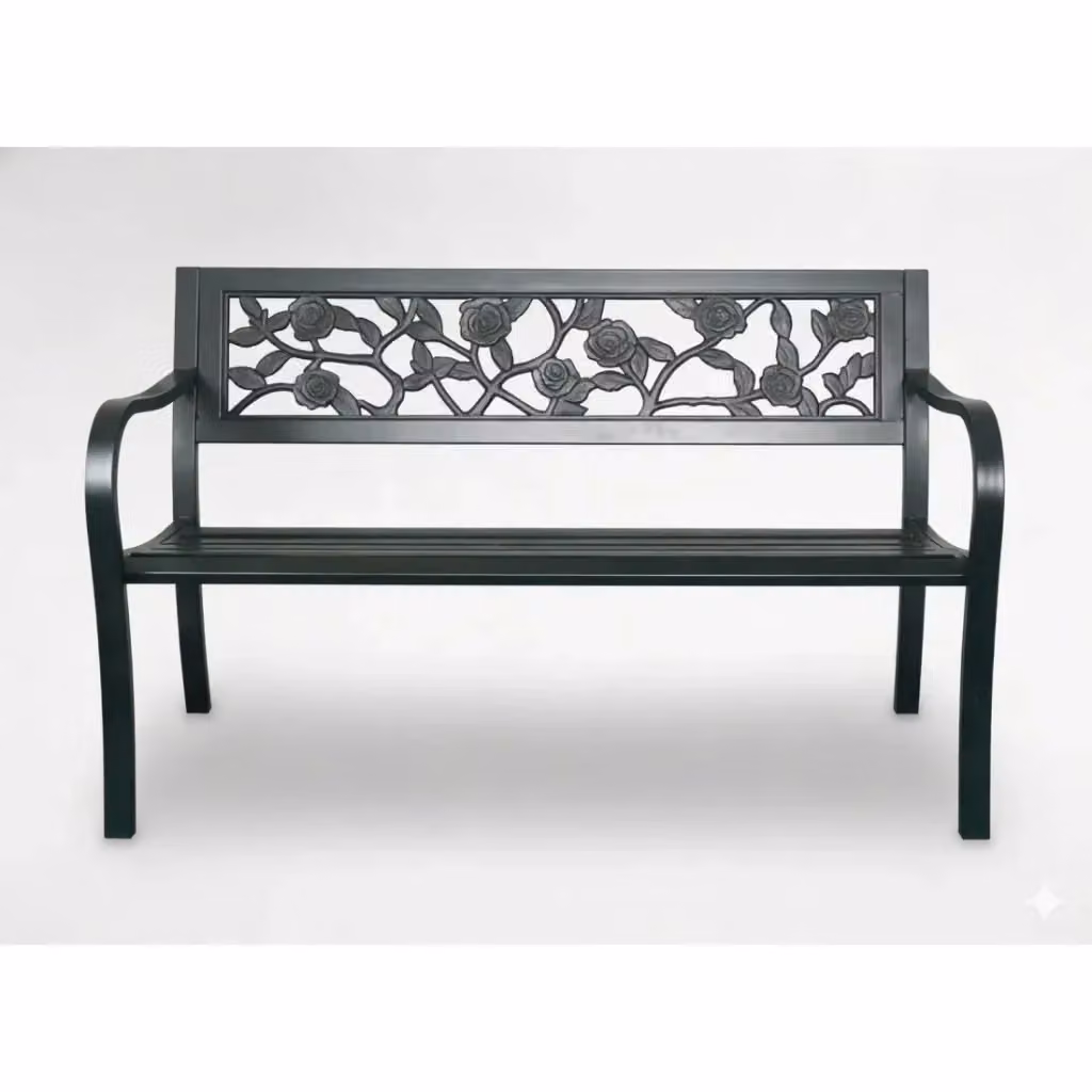 Panchina da esterno moderna Meublorama in acciaio nero con motivo floreale e braccioli L: 125 cm – 2