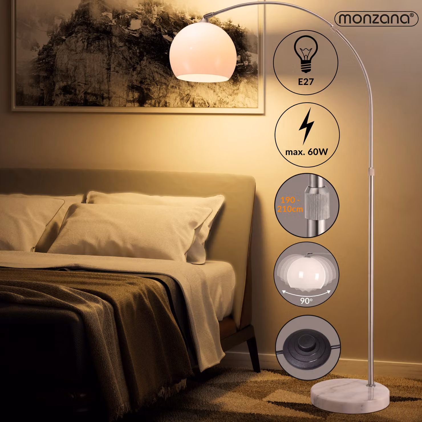 Lampada da pavimento regolabile Monzana in bianco e argento con base in marmo e acciaio inossidabile, Altezza: 200 cm, Larghezza: 40 cm, Profondità: 30 cm – 4