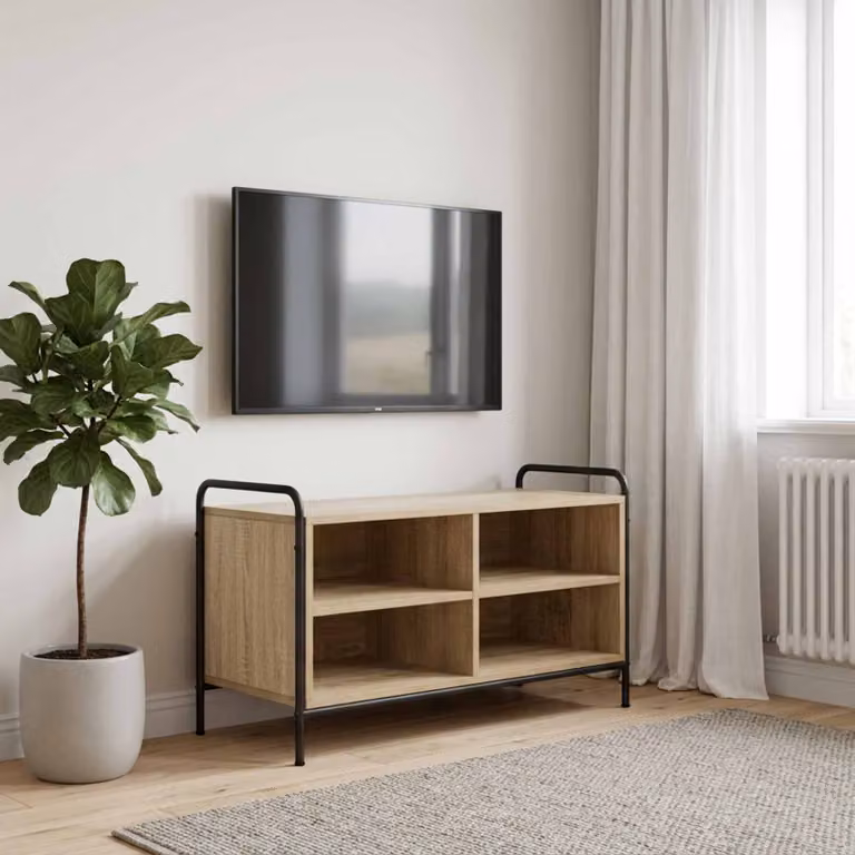 Mobile TV vidaXL moderno in legno e metallo color rovere, L 140 x P 39,5 x H 50 cm