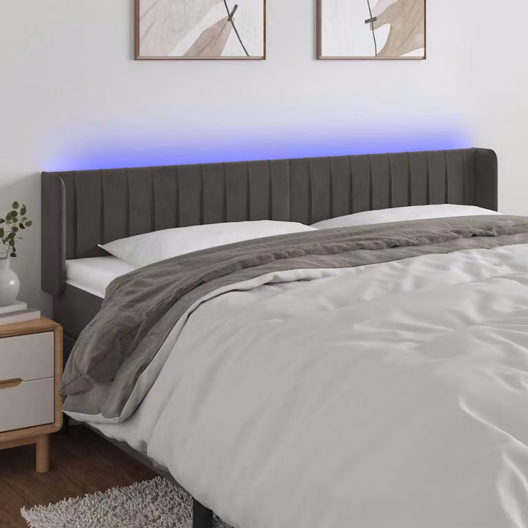 Testiera per letto vidaXL in velluto grigio con illuminazione LED e porta USB, L: 203 cm, P: 16 cm, H: 78/88 cm