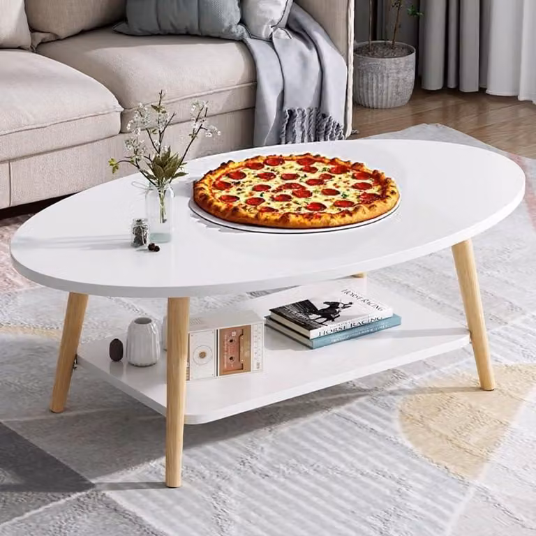 Tavolino ovale, bianco, in legno di pino, con 2 ripiani, dimensioni 80x40 cm