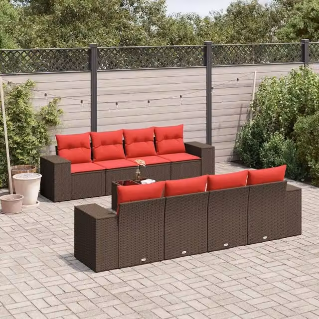 Set Divani da Giardino 9 pz con Cuscini Marrone in Polyrattan 3222353